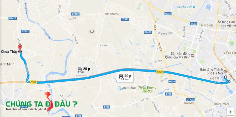 Bản đồ từ Bảo tàng Hà Nội đi chùa Thầy