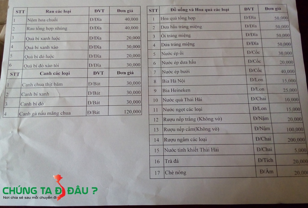 Thực đơn tại Làng nhà sàn Thái Hải