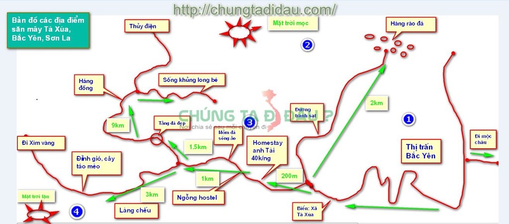 Bản đồ các điểm săn mây ở Tà Xùa - Bắc Yên